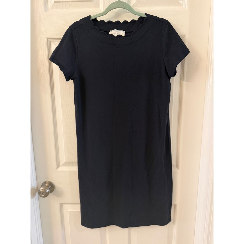 Pappagallo Navy Blue Scalloped Neck Shift Dress Short Sleeve Womens Medium